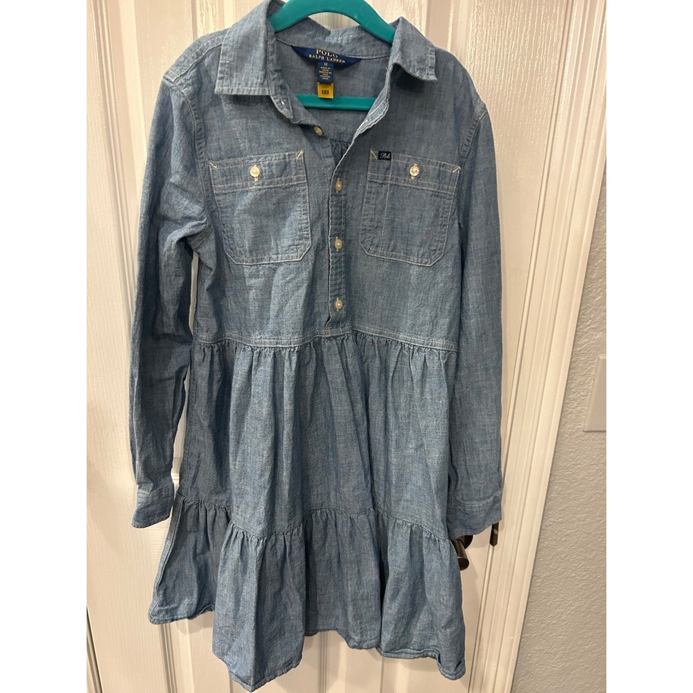 Polo Ralph Lauren Chambray Dress Blue Tiered Ruffle Long Sleeve Cotton Kids 12